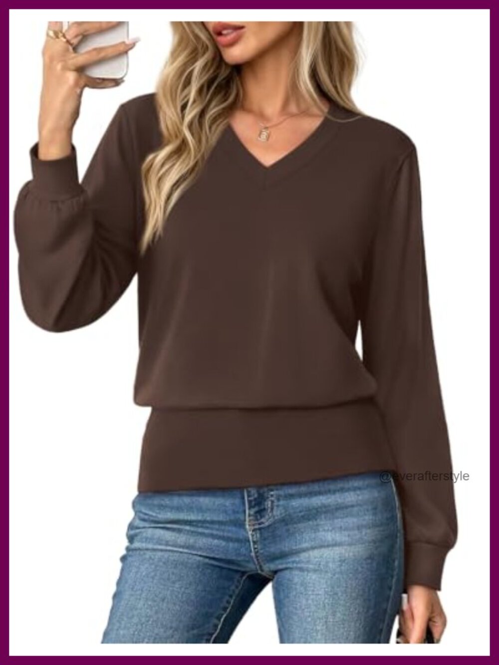 Long Sleeve V Neck Elastic Waist Top Lightweight Stretchy Fall Blouse